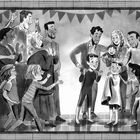 Eine festliche Illustration zeigt eine Gruppe fröhlicher Menschen mit Girlanden im Hintergrund.