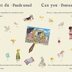 Text: „Kannst du · Puede usted · Can you“  
Gegenstände: Hund, Knochen, Lupe über Dorfbild, Figuren, Einhorn.