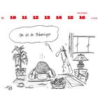 Text: "Das ist die Hühnersuppe." Illustration: Person mit Kopf in einer Suppenschüssel, andere Person schaut zu. Tischszene.