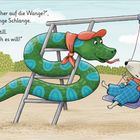 Text: „Ein kleiner Knutscher auf die Wange?“ und „Nein, stopp! Ich halt nicht still. Geknutscht wird nur, wenn ich es will!“ 

Illustration: Eine Maus auf einer Schaukel, eine Schlange mit Kappe und Schal auf einem Klettergerüst. Sandspielzeug im Vordergrund.