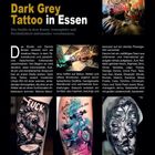 "Dark Grey Tattoo in Essen" und "Das Studio in dem Kunst, Atmosphäre und Persönlichkeit miteinander verschmelzen." Tattoos und Studiofotos.