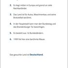 Liste von Eigenschaften beschreibt Deutschland: Pünktlichkeit, Autos, Hauptstadt mit Brandenburger Tor.