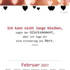 Zitat über den Glücksmoment; Kalender für Februar 2027, Sonntage in Rot. Hintergrund mit Herzmustern.