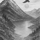 Das Bild zeigt eine Schwarz-Weiß-Landschaft mit Bergen, einem Fluss und einem Adler im Flug.
