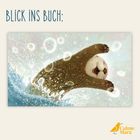 Illustration eines freudigen Otters, der im Wasser schwimmt. Blasen und Wellen umgeben ihn, die Farben sind hell und lebendig.