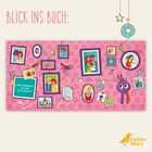 Text: "Blick ins Buch:" und "Wem wünschst du eine gute Nacht?" Illustration mit bunten Bilderrahmen auf rosa Hintergrund.