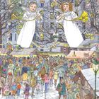 Zwei Engel mit Trompeten über einem belebten Weihnachtsmarkt, geschmückt mit Lichtern und Ständen voller Menschen.