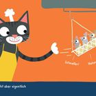Ein gestreifter Kater in Schürze und Kochmütze schaukelt Mäuse in einem Korb, die rufen: "Schneller!", "Höher!", "Hui!".