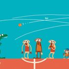Text: „Pof“, „Hui“, „Bumm“, „Bop“, „Was für ein Schuss!“ Illustration: Ein Dinosaurier und drei Tiere spielen Basketball.