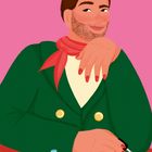 „MAN CURE“ auf einer Nagellackflasche. Illustration eines Mannes mit Nagellack, grünem Blazer, rotem Halstuch.