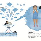 Es zischt und kocht, raucht und dampft, das Haar ... STOPP! Zwei Mädchen, eines mit einem Bügeleisen, das andere besorgt.