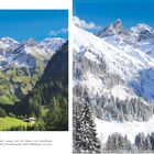 Stillachtal. Sommer: grüne Wiesen, Berge; Winter: Schnee bedeckt Landschaft, Nadelbäume verschneit.