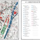 1. ARRONDISSEMENT. Liste mit Orten und Adressen, daneben eine detaillierte Stadtkarte von Paris mit farbigen Markierungen.