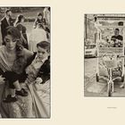 Links: Frau trägt zwei Kinder, Hochzeitsszene. Rechts: Mann verkauft Obst an einem Wagen, beschriftet mit "Caffè Cremino".