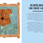 "SELBSTBILDNIS 1889 VON VINCENT VAN GOGH" steht über einem Hundeporträt in Van-Gogh-Stil vor einem wirbelnden Hintergrund.