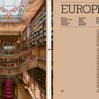 EUROPE. Ländernamen: France, Royaume-Uni, Irlande, Allemagne, Espagne, Portugal, Italie, Grèce, Pays-Bas, Belgique, Pologne, Roumanie, Suède, Finlande. Eindrucksvolle Bibliothek mit verzierten Holzdetails und bunter Glasdecke.