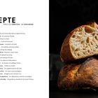 Links: Rezeptliste, darunter verschiedene Brotsorten wie Baguette, Ciabatta, Focaccia. Rechts: Ein rundes Brot, Text "BENCHMARK B" oben, "AMBITIOUS A" unten.