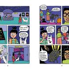 Tafel: "HEUTE: UNSERE GALAXIE". Dialoge über Astronomie, ein Planetarium, ein Hund und Projektor. Comic-Stil.