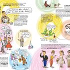 „Rock and Roll“ in buntem Schriftzug, illustriert mit Figuren beim Tanzen, erzählen von Musik und Kultur der 1950er-Jahre.