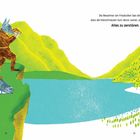 Text: „Die Bewohner am Friedvollen See ahnten nicht, dass die Kaltschnauzen kurz davor waren, alles zu verändern. Alles zu zerstören.“  
Illustration: Eine Figur mit Wolfskopf beobachtet durch ein Fernrohr einen See, umgeben von grünen Hügeln.