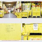 Text: "Out of the Box Kunstbestand", "KRITISCHE GRAFIK IN DER WEIMARER ZEIT 16 KISTEN". Gelbe Kisten in einem Lager.