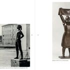 Links oben: "Mädchen mit zwei Karpfen", Lebensgroß, Kunststein. Unten: Moderne Mädchenstatue vor Gebäuden. Rechts: "Wäscherin", Bronze.
