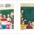 Links: „Jetzt schau'n Sie sich das an, Herr Kollege!“
Rechts: Tafel mit Wörtern.  
Illustrationen von Klassenzimmern.