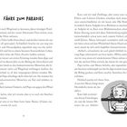 "Fähre zum Paradies" ist der Titel. Darunter beginnt eine Geschichte, die von Karo, Jeps und ihrer Familie erzählt. Eine Illustration zeigt ein Kind mit gestreiftem Pullover, das fröhlich über ein Geländer schaut.