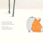 Texte über Winterschlaf und einen Bären. Illustration von einem Bär mit orangefarbenem Schal im Schnee, kleine Gestalt auf seinem Rücken.