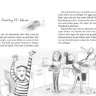 "Sonntag 20. Februar" steht oben. Eine Illustration zeigt drei fröhliche Kinder in einer Küche, die Pfannkuchen machen.