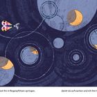 „Sie lässt ihn in Regenpfützen springen, damit sie aufwachen und mit ihm tanzen.“ Eine bunte Motte fliegt über Kreise.