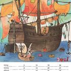 Juli-Kalender: Ein Piratenschiff mit bunten Segeln im Meer. Zwei Mäuse mit Fernrohr davor.