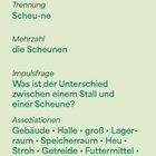 Logo mit Text: Trennung "Scheu-ne", Mehrzahl "die Scheunen". Impulsfrage: Unterschied Stall, Scheune? Assoziationen: Gebäude, Halle, Lager.