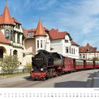 Text: "FEBRUAR" und "Schmalspurlokomotive der Baureihe 99.32". 
Lokomotive fährt an charmanten Häusern vorbei.