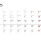 Kalender für Januar 2027. Feiertage: Neujahr am 1., Heilige Drei Könige am 6. Sonntage in Rot markiert.