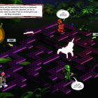 Ein dunkelviolettes LEGO-Labyrinth im Dschungelstil, Figuren sagen „Bereit für ein bisschen Spinjitzu?“, „Das werde ich genießen!“