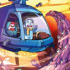 Zwei Cartoonfiguren in einem U-Boot, umgeben von bunten Fischen, mit aufregendem Gesichtsausdruck.