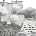 Kapitel 5: Willkommen auf der Zauber-Schule. Ein Segelschiff mit Wolken auf den Segeln fährt auf ein Schloss zu.