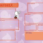 Kalenderblatt für Oktober. Tage vom 28.09. bis 04.10. Ein Charakter mit Kürbis und Halloween-Motiven. Bereich für Notizen.