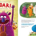 ROAR! Das Häschen ist starr vor Schreck. Klatsch. Grummel jubelt: „Ha! Ich bin am furchterregendsten!“ Bunte Monster, fröhliche Szene.