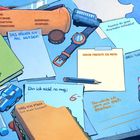 Texte: Name, Spitzname, Augenfarbe, Meine Hobbys, Das möchte ich mal werden, Lesen oder Sport? Illustration zeigt bunte Gegenstände.