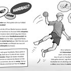 Ein Junge mit einem Ball in der Hand, dynamisch gezeichnet, spricht über Fußball und Handball. Text fragt: "Fußball oder Handball?"