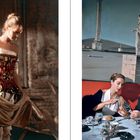 Links steht eine Frau in einem farbenfrohen historischen Kleid vor einer Backsteinwand. Rechts sitzen zwei Personen an einem gedeckten Tisch vor einem Gemälde mit antiken Säulen.