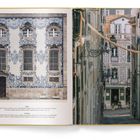 Links: "Above:" und "Opposite:" gefolgt von blindtext. Rechts: Enge Gasse mit verzierten Häuserfassaden in einer Stadt.
