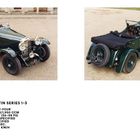"Aston Martin Series 1-3: Grüner Oldtimer von vorne und hinten abgebildet, mit technischen Details wie Leistung und Geschwindigkeit."