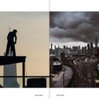 Links: Silhouette einer Person auf Dach, kaum erkennbar. Rechts: Stadtansicht mit Wolken und „MADE FOR NEW YORK“-Schild.