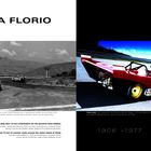 Texte: „Targa Florio“, „Eine einzige Rennrunde...“, „1906–1977“. Links: Schwarz-Weiß-Foto, Fahrer dirigiert. Rechts: Roter Rennwagen.