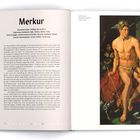 "Merkur" mit Themen wie Kommunikation, Lernen, Denken. Rechts ist eine Illustration von Hendrick Goltzius aus 1611.