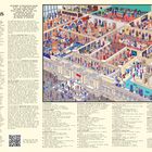 Textzeilen präsentieren "Die Welt des Museums" und eine Erklärung über das Metropolitan Museum of Art. Eine detailreiche Illustration zeigt Menschen in verschiedenen Museumssälen.