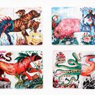 Illustrationen von fantastischen Kreaturen: Hund mit Schuppen, rosa Elefanten, Tiger mit Schlangenarmen, Vogel mit Tentakeln.